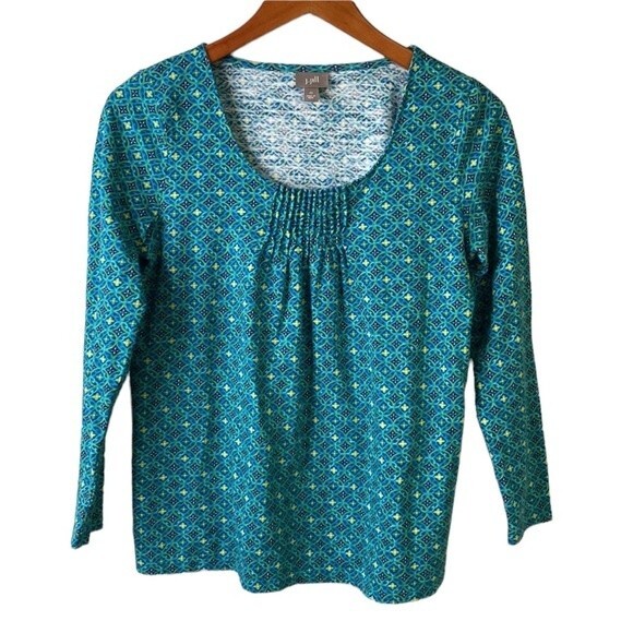 J Jill Pin Tuck Pullover Long Sleeve Top Geometric Print Watercolor Turquoise - Picture 16 of 16